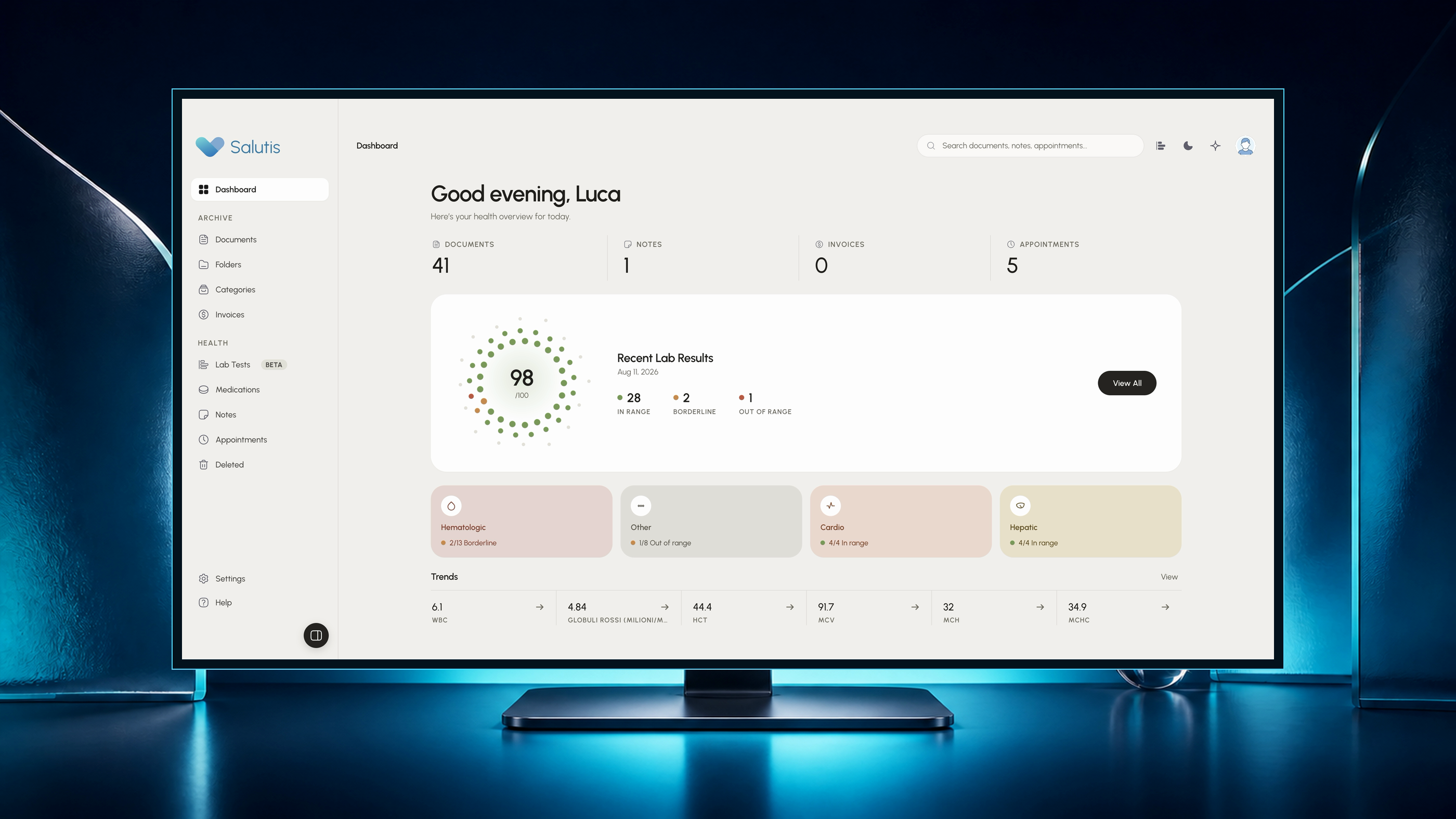 Salutis dashboard on a desktop monitor in a premium studio