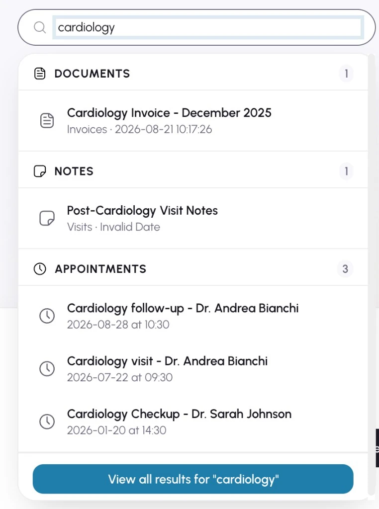 Search inside Salutis for cardiology across documents, notes and appointments